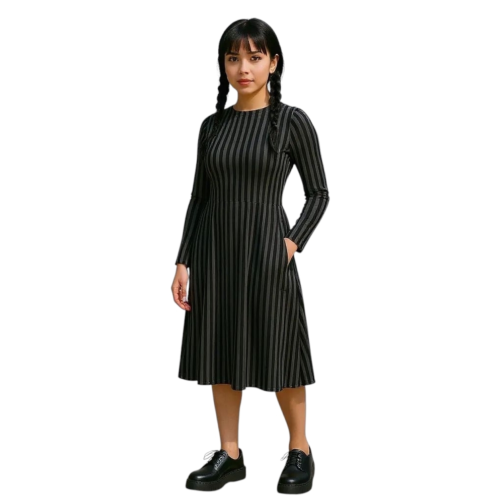 Gothic Striped Pocket Flare Long Sleeve Dress